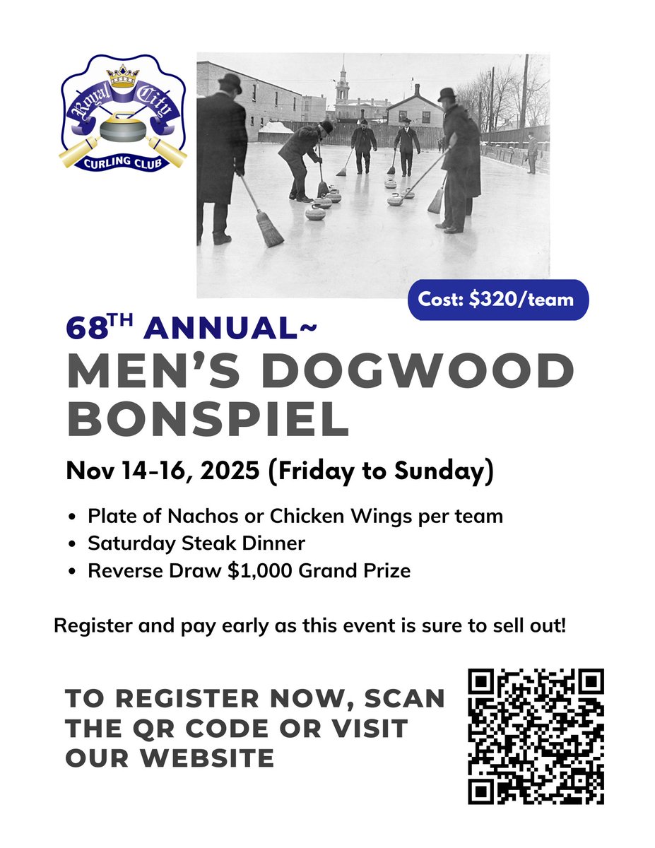RoyalCityCC's tweet photo. Don't miss out playing in our 68th Annual Men's Dogwood Bonspiel from November 14–16th at RCCC! 🥌

Cost is $320 per team. Spots are filling quickly so register today through Curling IO at https://t.co/Z8ISvZnyVu https://t.co/sOWOTKbRbc