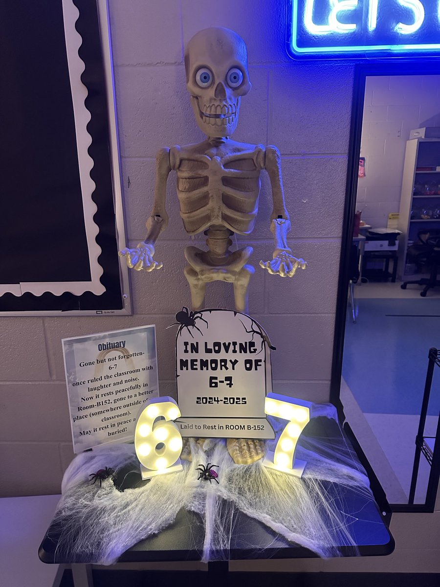 JameliaCorbitt's tweet photo. We’ve gathered here today to lay ‘6–7’ to rest in Room B-152. The kids LOVED IT! A little Halloween fun with my students. #teacherlife https://t.co/zTSajB9wda