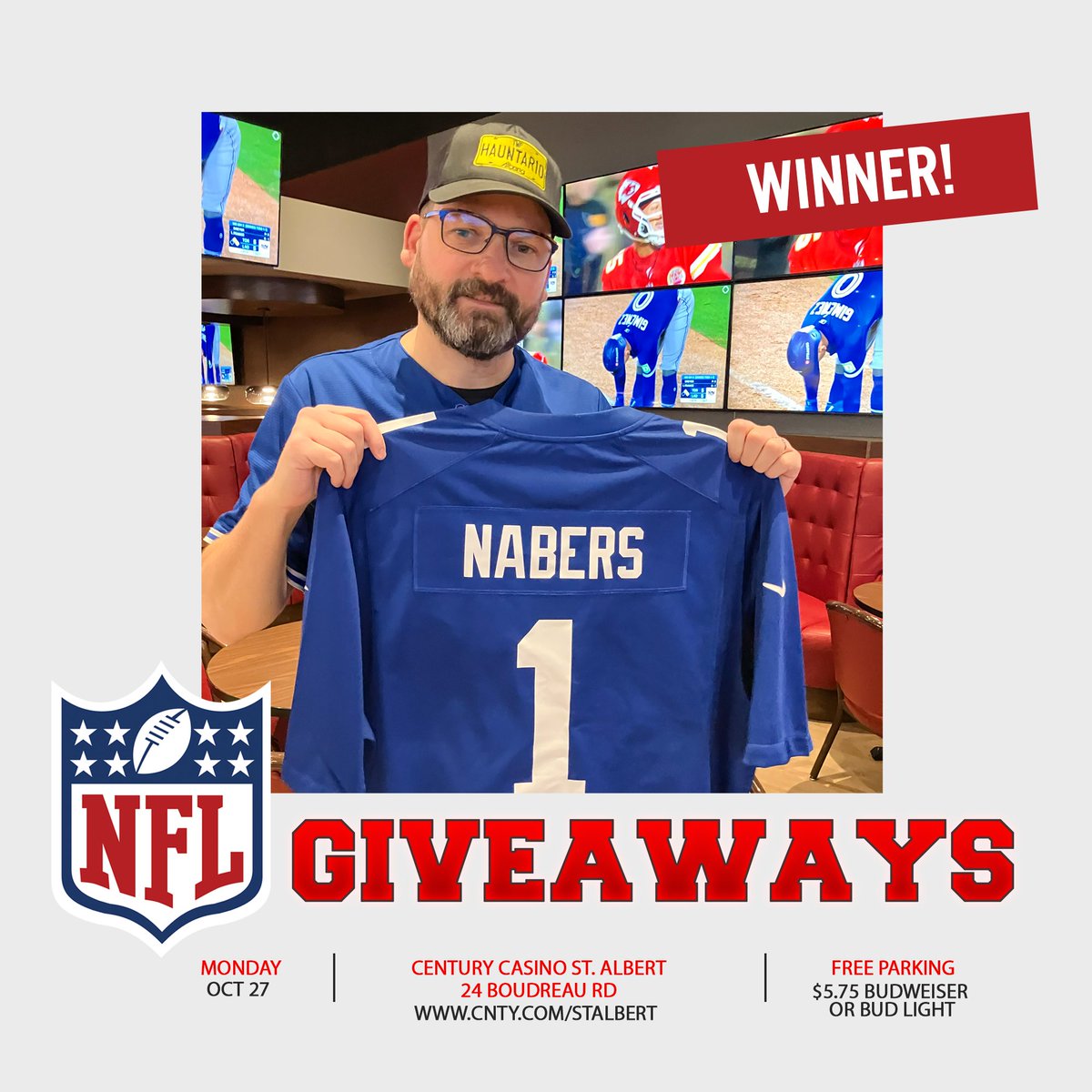 Congratulations to a lucky winner last night who went home with a New York Giants jersey!! 🥳 Join us every Monday at Celly's Sports Bar &amp; Lounge for a chance to win an authentic NFL jersey!