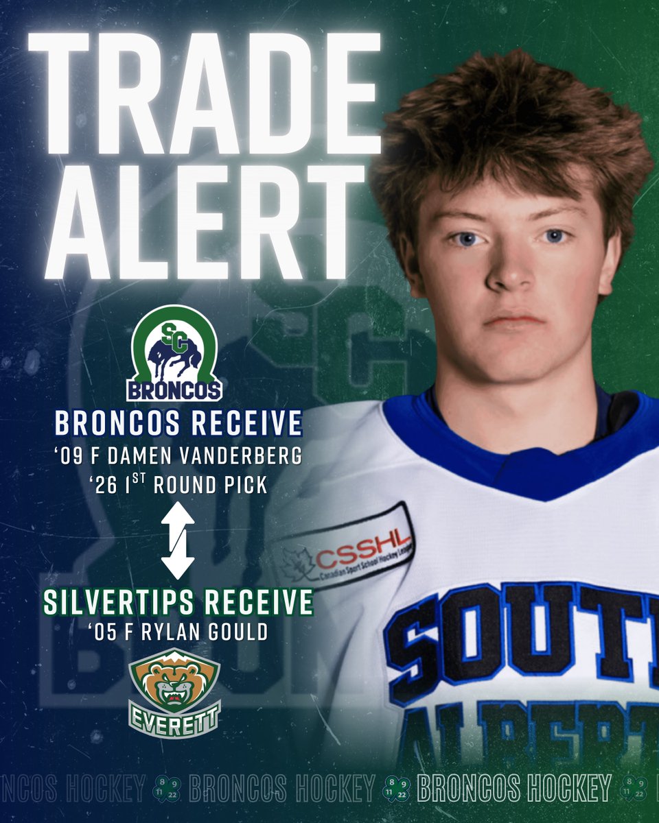 The Broncos have acquired 2009-born forward Damen Vanderberg and a 2026 first-round pick (conditional) in the WHL Prospects Draft from the Everett Silvertips in exchange for 2005-born forward Rylan Gould.

The Broncos welcome Damen and his family to the organization!

Full