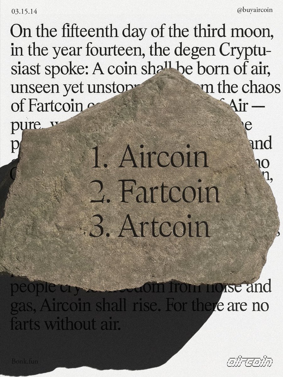 Day 6 of explaining the prophecy to CT that $AIRCOIN is destined to flip $fartcoin whether you like it or not

<a href="/BuyAircoin/">Aircoin</a> <a href="/SolidTradesz/">Solid 堅固</a> <a href="/onchainpete/">Pete</a> <a href="/iamkadense/">Kadense Pengu°❗️❗️❗️</a> <a href="/solportskg/">Solport SKG</a> <a href="/TheOnlyNom/">Nom</a> <a href="/ChillHouseSOL/">Chill House</a> <a href="/theunipcs/">Unipcs (aka 'Bonk Guy') 🎒</a> <a href="/SolportTom/">Tom</a>