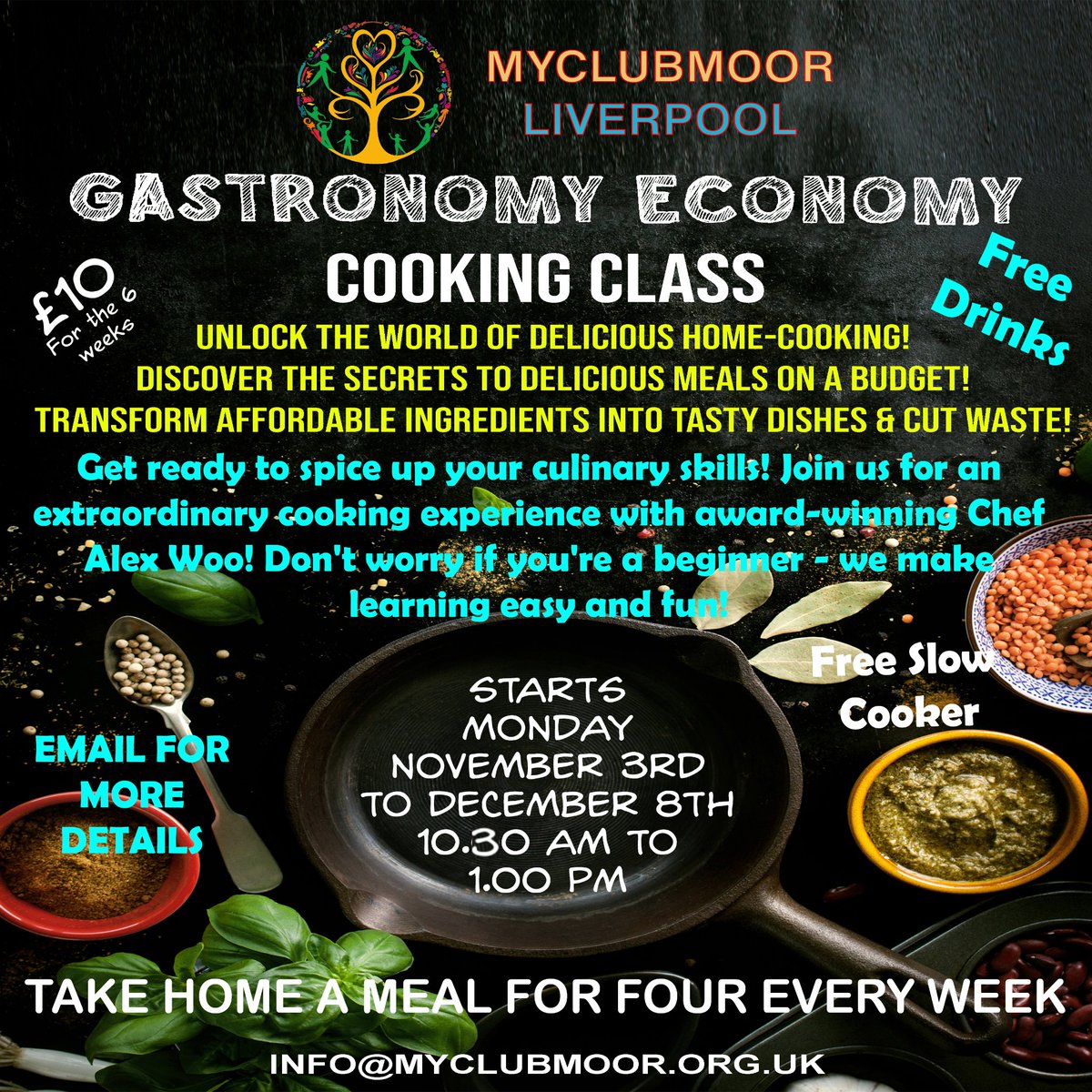 Join us for a delightful cooking class. Spots are limited, so make sure to secure your place by paying in advance. Just £10 for 6 sessions.
Email: info@myclubmoor.org.uk Phone: 07861677154
Norris Green Youth Centre, L11 5AF