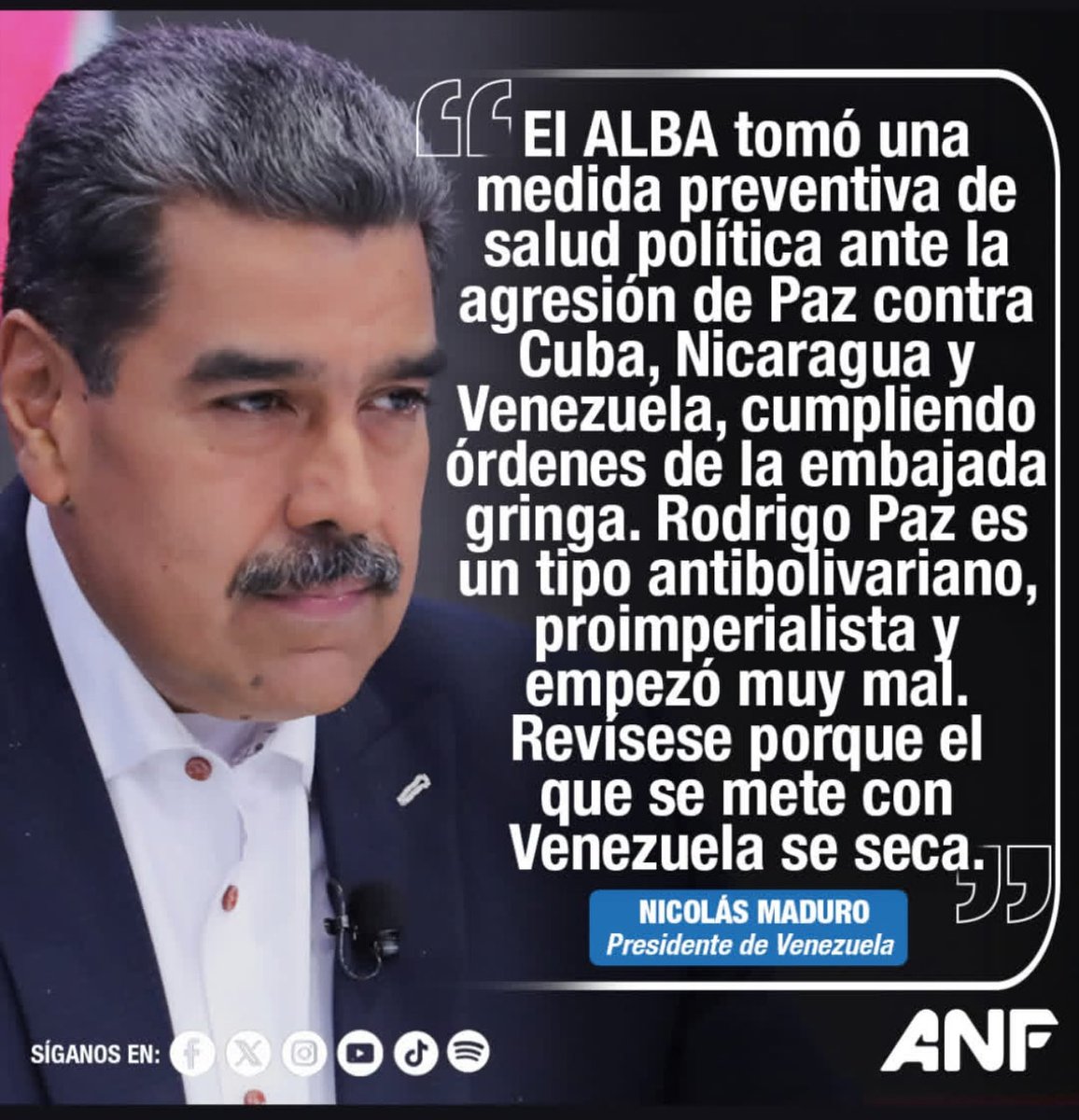 Bolivia no fue expulsada del ALBA, fue liberada de un club de dictadores. Las amenazas de Maduro a Presidente Paz solo lograron lo imposible: reposicionar a Bolivia del lado correcto de la historia, la democracia y la libertad. Vete al carajo Nicolás