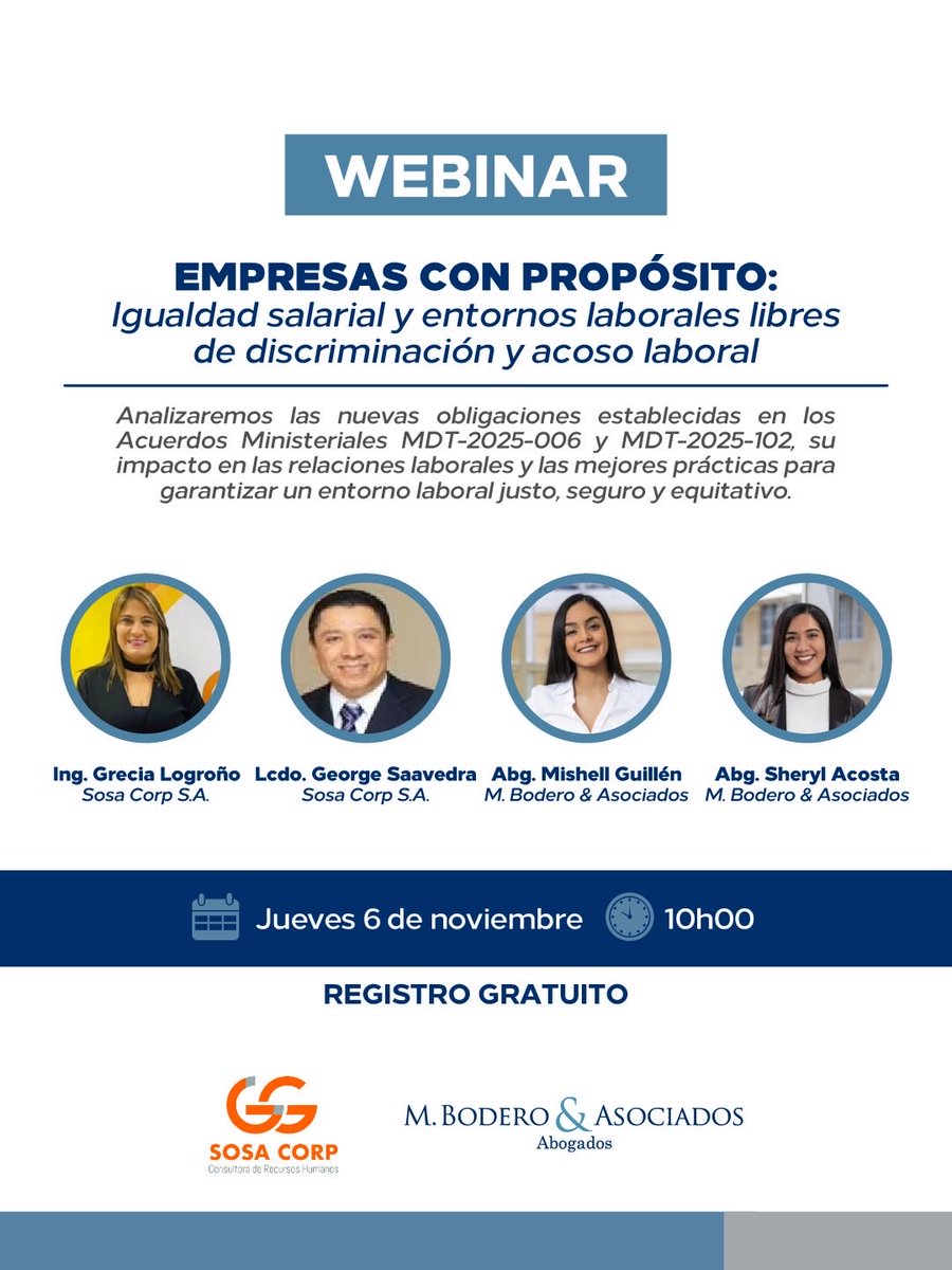 📌 WEBINAR | Empresas con propósito: igualdad salarial y entornos laborales libres de discriminación y acoso laboral. 

<a href="/SosaCorpRRHH/">SOSA CORP S.A.</a> Analizaremos las nuevas obligaciones y las mejores prácticas para construir entornos de trabajo justos.

📲 Regístrate: docs.google.com/forms/d/e/1FAI…
