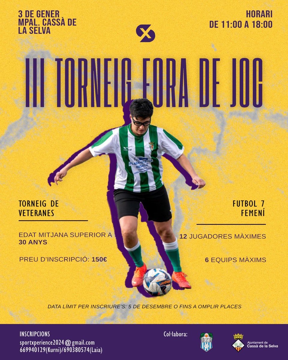 ⚡️⚡️TORNEIG DE VETERANES⚡️⚡️

🫨 Les places són limitades, així que truqueu a les vostres amigues ràpidament i apunteu-vos abans que s'omplin. 

El 3 de gener ens veiem a les instal·lacions de la <a href="/udcassa/">UD Cassà</a> 🟡🟣