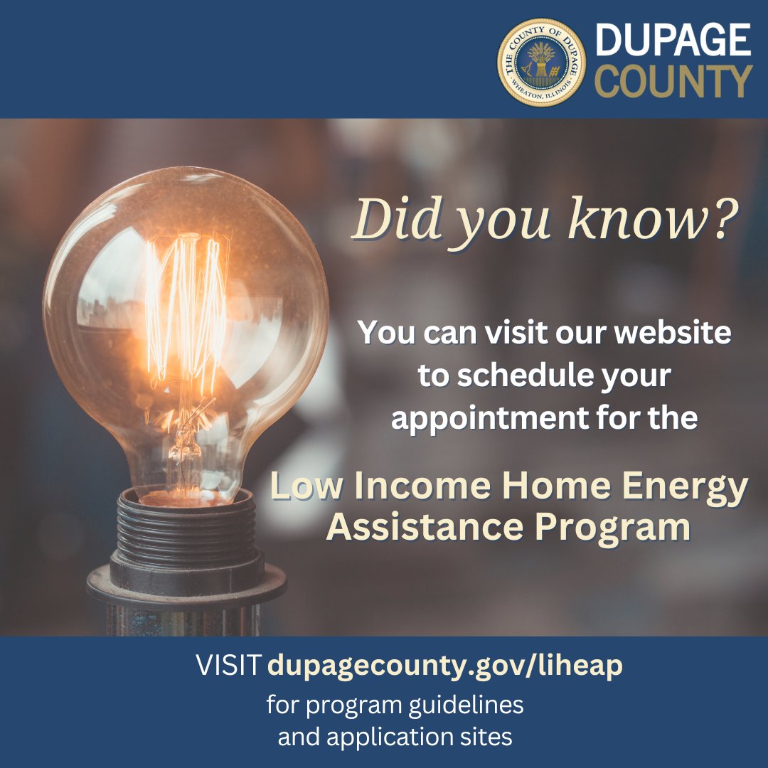 DuPageCountyCS's tweet image. You can now visit tinyurl.com/liheap-appt to schedule your Low Income Home Energy Assistance Program (#LIHEAP) appointment at Community Services. Or call 211 to find other application sites nearby and get help paying your gas or electric bill.  Visit: dupagecounty.gov/liheap.