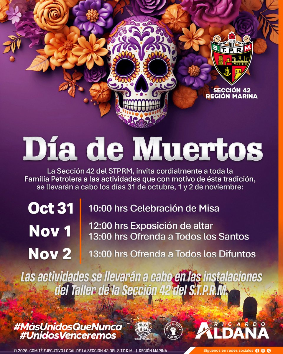 ¡Atenta invitación a la #FamiliaPetroleraSección42!

La Sección 42 invita cordialmente a las actividades que con motivo del #DíaDeMuertos se llevan a cabo como cada año en las instalaciones de la misma.

Aquí los horarios.

#SomosSTPRM
#MásUnidosQueNunca
#UnidosVenceremos