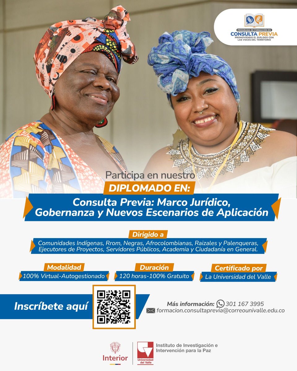 ¡Tu conocimiento puede transformar territorios! 🌱🙌🏻

Inscríbete GRATIS en el diplomado, “Consulta Previa: Marco Jurídico, Gobernanza y Nuevos Escenarios de Aplicación”, una formación virtual certificada por La Universidad del Valle.

💻 100% online – 120 horas
👥 Para