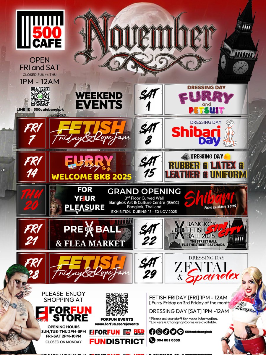 Bangkok Fetish Ball Month 🪩
🗓️ Events Calendar - November 2025

🪢 For Your Pleasure - Shibari Photo Exhibition
18-30 Nov: <a href="/fypbkk/">FOR YOUR PLEASURE</a> at <a href="/baccnews/">baccbangkok</a>
Thu 20, 2pm-5pm : Grand Opening of Exhibition
forfun.store/fypbkk

🍻🛍️ Pre Ball &amp; Flea Market 
Fri 21, 1pm-12am
at <a href="/500cafebangkok/">500 Cafe</a>