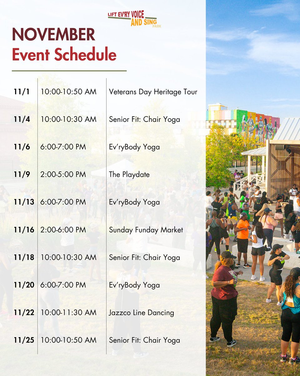 New month, new reasons to gather at Lift Ev’ry Voice &amp; Sing Park. This November, the calendar is filled with yoga, fitness, history tours, and community events that bring warmth to the cooler season. Come see how the park comes alive with connection and energy all month long!
