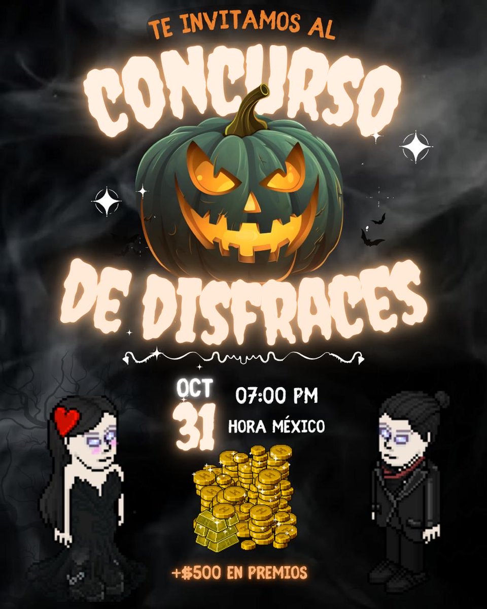 🎃CONCURSO DE DISFRACES🎃

🎁Más de 500 CRÉDITOS en premios!

👤 Categoría Individual
🥇 100 Créditos + 🗳️ Caja HC
🥈 50 Créditos + 🗳️ Caja HC
🥉 25 Créditos + 🗳️ Caja HC

👫 Categoría Dúo/pareja
🥇 200 Habbo Créditos + 🗳️ 2 Cajas HC 
🥈 100 Habbo Créditos + 🗳️ 2 Cajas HC 
🥉 50