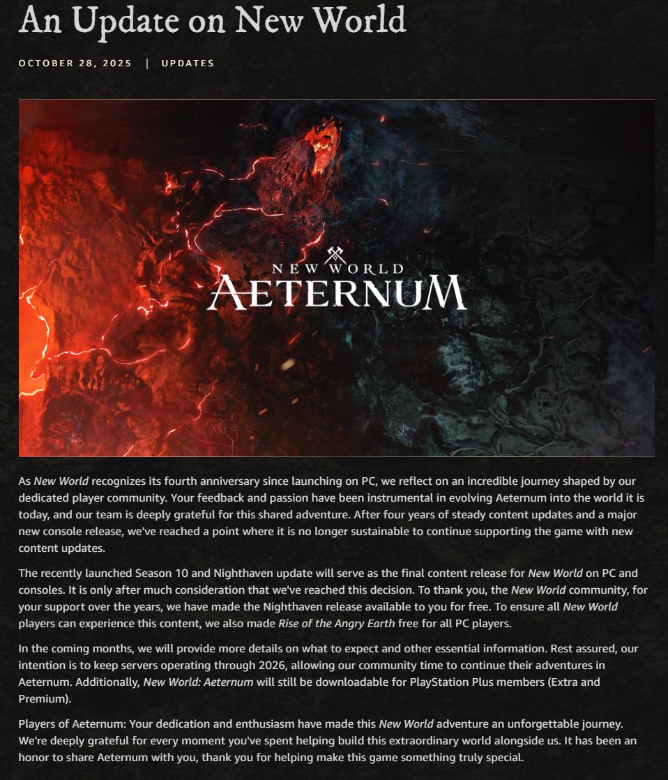 IntelMMO's tweet photo. After 4 years, New World has officially announced they will no longer be updating the game

As of right now they are not sunsetting the game and it will keep servers operating through 2026 https://t.co/Pex4fpsp82