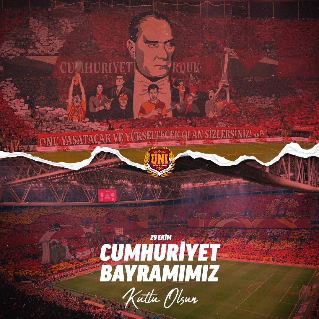 uAUNIGebzeTek's tweet photo. Cumhuriyetimizin kurucusu Gazi Mustafa Kemal Atatürk'ün izinde, Türkiye Cumhuriyeti'nin Galatasaraylı evlatları olarak yüz yıllar geçse de "İlelebet Cumhuriyet" demekten vazgeçmeyeceğiz. 

CUMHURİYETİMİZİN 102. YILI KUTLU OLSUN! 
#ultrAslanUNI https://t.co/lkbQAFvCRV