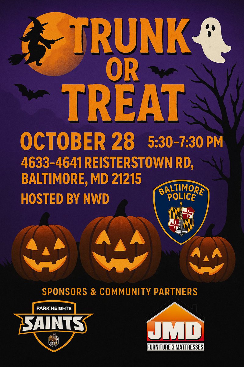 BaltimorePolice's tweet photo. Itโs Trunk-or-Treat time!
Come out & join BPD for several spooktacular events of Halloween fun! Bring the family for candy, costumes, community spirit and a spooktacular time for the whole family.
#trunkortreat #CommunityPolicing #happyhalloween #BooWIthTheBlue https://t.co/mtkoMqZD6S