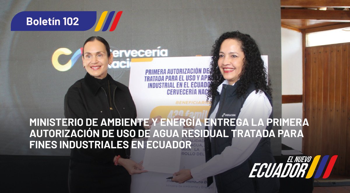📌[BOLETÍN DE PRENSA]

El Gobierno Nacional, a través de <a href="/EcuadorMAE/">Ministerio de Ambiente y Energía</a>,  entregó por primera vez en la historia del país una autorización para el  uso y aprovechamiento industrial de agua residual tratada, marcando un hito en la gestión sostenible del recurso hídrico y en el