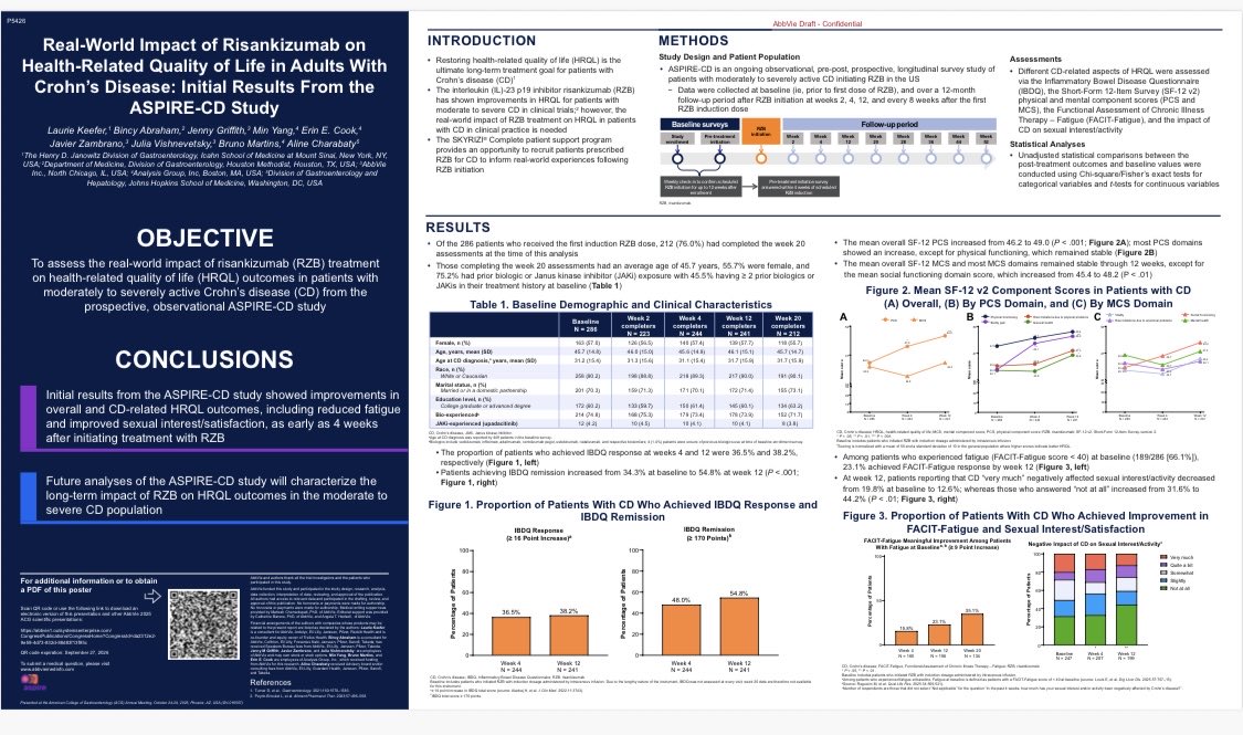 #ACG2025 RISA is a👌🏽Rx for #Crohns
👌🏽Improving PROs &amp; HRQoL is 🍒 on the cake #ASPIRE-CD

💎87% pts: OBI easy to use at 1st injection
😣23% pts: FACIT-fatigue response @ wk12
⬆️Sexual health @ wk12
💎At wk24: ⬇️&gt;50% steroids use, ⬇️analgesic &amp; supplements use, ⬇️Diet restriction