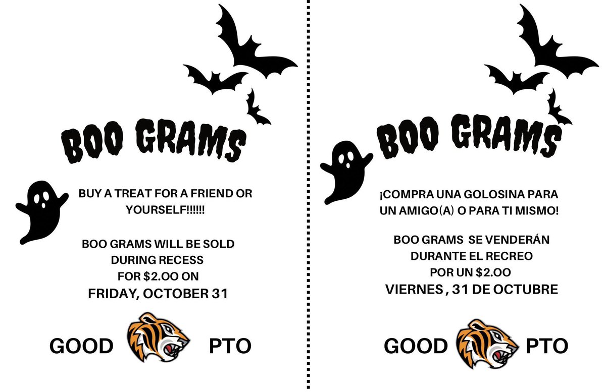 JohnRGood's tweet photo. Hey Tigers our wonderful PTO will be selling Boo Grams this Friday, October 31st during recess! π»π
#boograms https://t.co/xdNAll9bGv