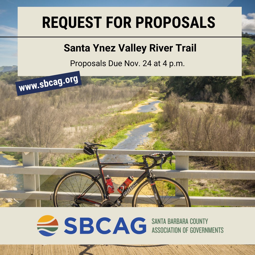 🚲 SBCAG seeks proposals to plan, design &amp; complete environmental work for the Santa Ynez Valley River Trail—a 9-mile path connecting Buellton to Hwy 246/154.

🕓 Due Nov 24, 4 p.m.
🔗 bit.ly/4hqxKTC

<a href="/SolvangUSA/">Solvang USA</a> <a href="/countyofsb/">Santa Barbara County</a> <a href="/CaltransD5/">Caltrans District 5</a>