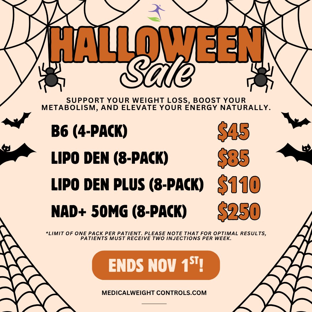 MWeightControls's tweet image. 👀 Haven’t taken advantage of our Halloween Specials yet? There’s still time — but not much!

Save big on B6, NAD+, Lipo Den, and Lipo Den Plus packs through Saturday, 11/1.

✨ Boost your energy.
🔥 Support your weight loss goals.
💪 Feel amazing inside and out.

Don’t wait —…