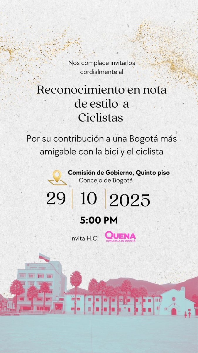 Este miércoles 29 de octubre a las 5:00 p.m. celebramos el poder transformador de la bicicleta en Bogotá. En la ceremonia reconoceremos a quienes impulsan la cultura bici desde el deporte, la recreación, el transporte y los biciemprendimientos.

📍 Salón Comisión de Gobierno, 5°