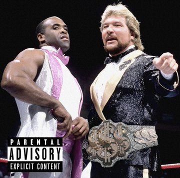 First image shows two wrestlers standing side by side in a ring setting one African American man with muscular build wearing pink sleeveless top white pants and bow tie looking serious the other blonde haired man in gold tuxedo jacket black pants pointing forward with a large ornate dollar sign championship belt around his waist explicit content advisory labels at corners. Second image is album cover art with black background featuring text Josh Bishop Intro free rules by the butcher man kind by Stove God Cooks Eddie Bauer by Rome Streetz Tiffy Santanta by Rome Streetz R Truth by Rome Streetz Grey Hayes by Rome Streetz Gus Smacker outro by brother Tom 5 executive produced by Westside Gunn Griselda Records logo and Heels Have Eyes 3 title.