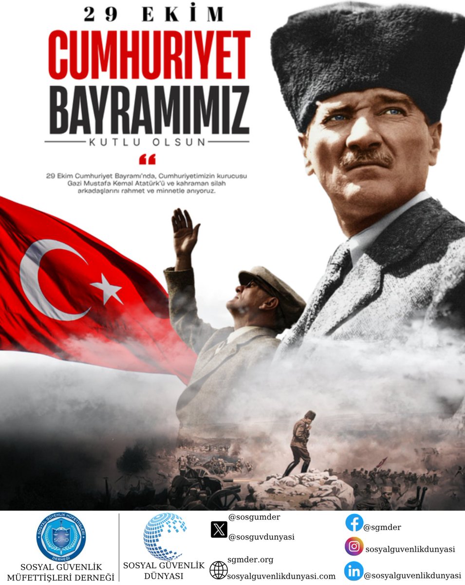Cumhuriyetimizin ilanının 102. yıl dönümünü kutluyor, Gazi Mustafa Kemal Atatürk ve silah arkadaşları başta olmak üzere tüm milli mücadele kahramanlarımızı saygı, rahmet ve minnetle anıyoruz.

#29EkimCumhuriyetBayramı
#CumhuriyetimizinYüzİkinciYılıKutluOlsun
#sgmder