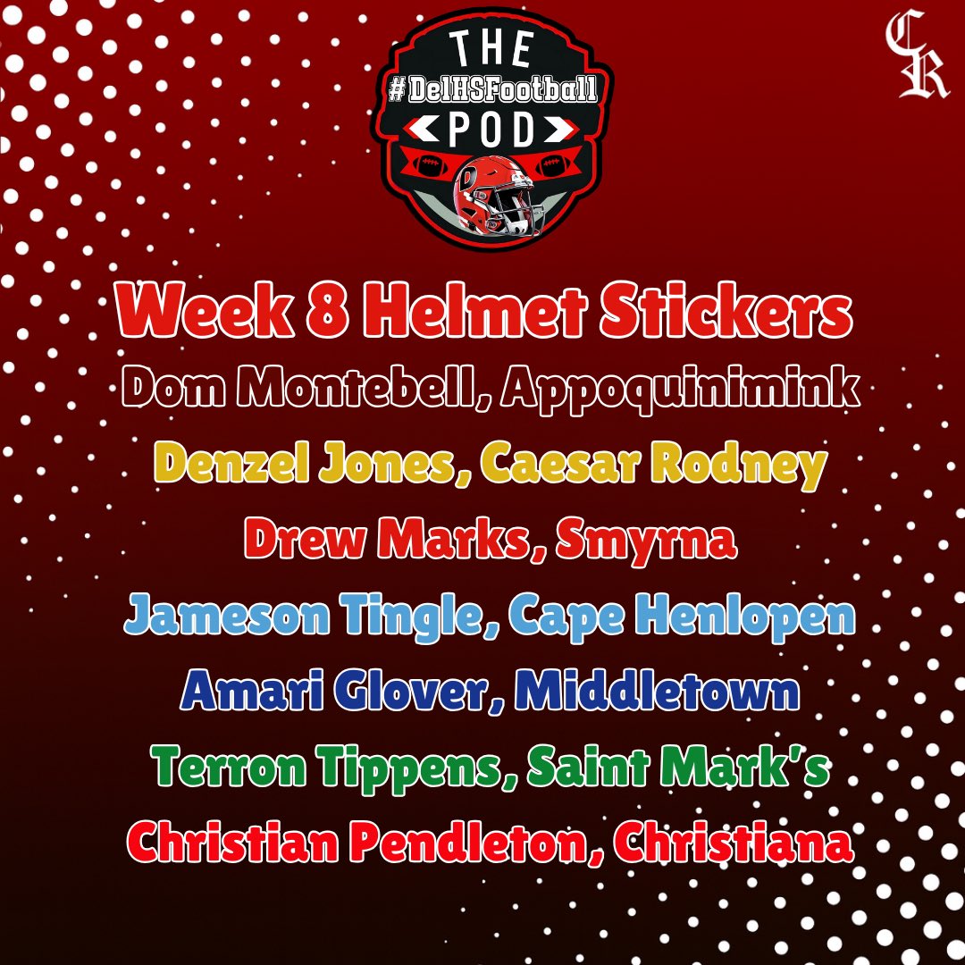 DelHSFootball's tweet image. Congratulations to our week 8 helmet sticker honorees #delhs graphic by @CR_graphics83