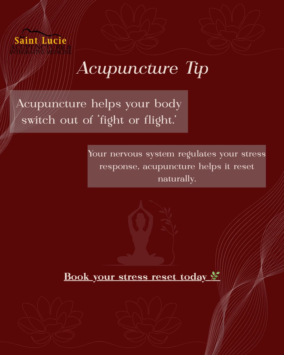 AcupuncturePSL's tweet image. When life keeps you in “fight or flight,” your body holds the tension. Acupuncture gently guides your nervous system back to balance, helping you release stress and feel grounded again. 🌸

#NervousSystemReset #AcupunctureHealing #stlucieacupuncture #portsaintlucie