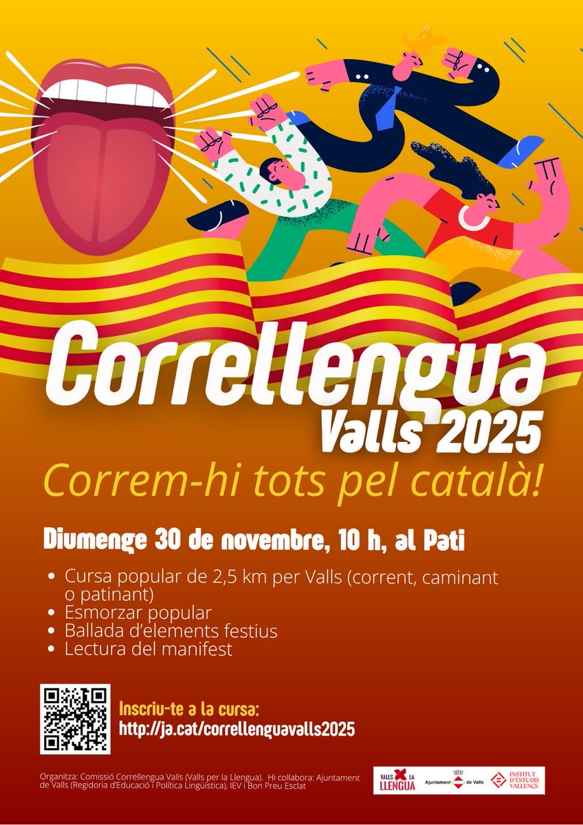 El diumenge 30 de novembre arriba el Correllengua Valls. Participa-hi corrent, caminant o patinant! 

Apunta-t’hi a ja.cat/correllenguava…