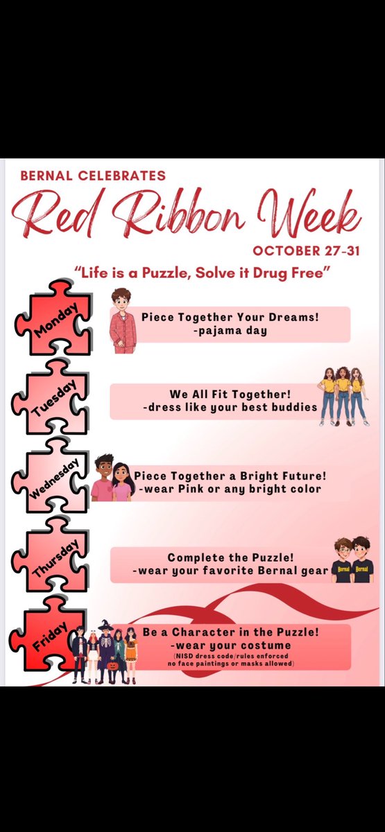 SandraEspi65's tweet image. Celebrating Red Ribbon Week!  @NISDBernal  Day 2 “We all fit together!” Dress like your best buddies!