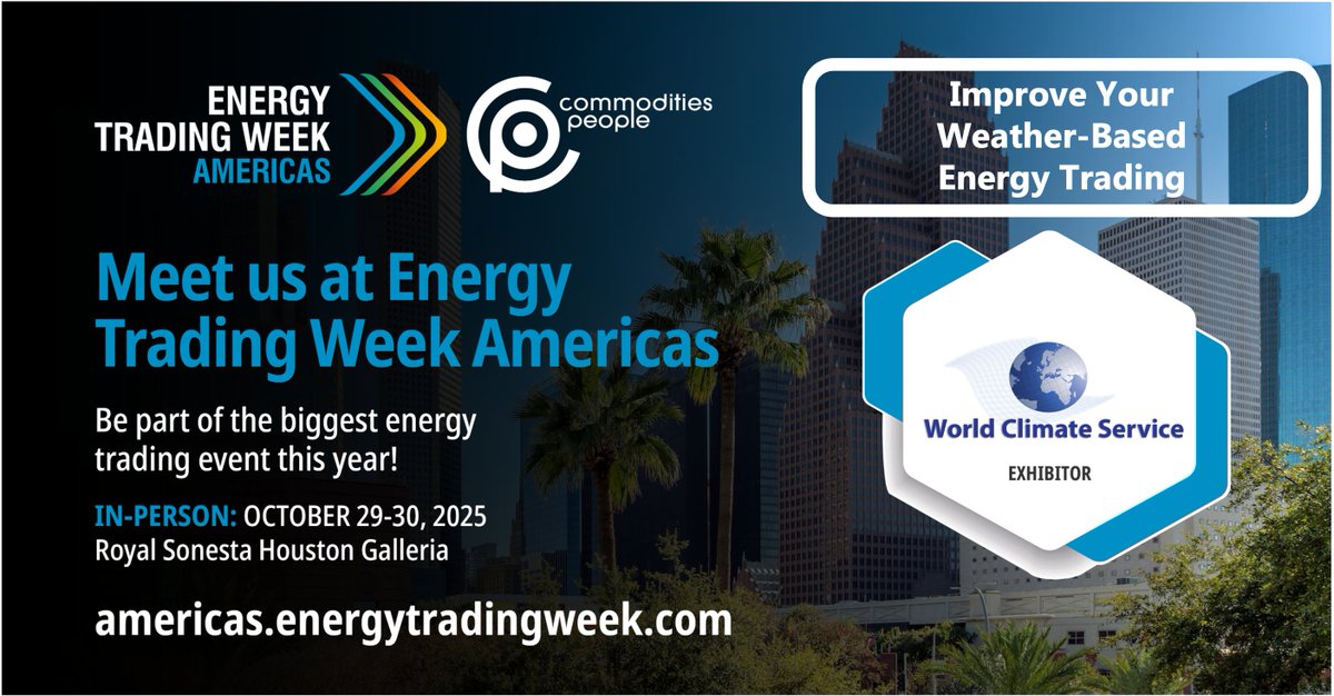 We’re exhibiting the World Climate Service at Energy Trading Week Americas, Oct 29–30 in Houston.  WCS users benefit from improved forecasting efficiency,
industry-leading accuracy, and superior identification and communication of climate risks. #EnergyTradingWeek  #EnergyTrading