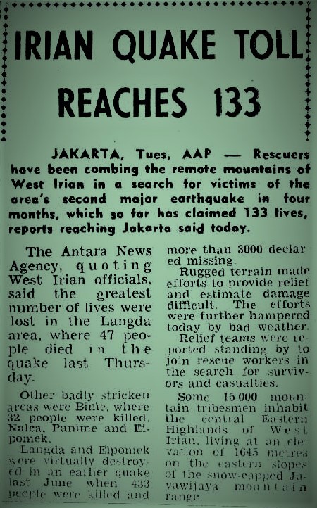 29 October 1976 2:51 UT
Mw7.1 #earthquake hit Jayapura Mts., New Guinea (Indonesia), causing landslides and killing 133 people.
ngdc.noaa.gov/hazel/view/haz…
trove.nla.gov.au
Another M7.1 near, four months before, but with much worse consequences...
👇
x.com/JoseRodRibeiro…