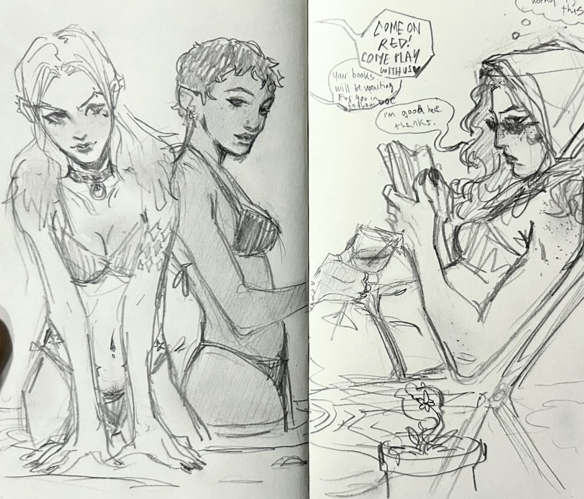 tiny sketchbook page of the gotham sirens at the beach bc i already miss summer 💔