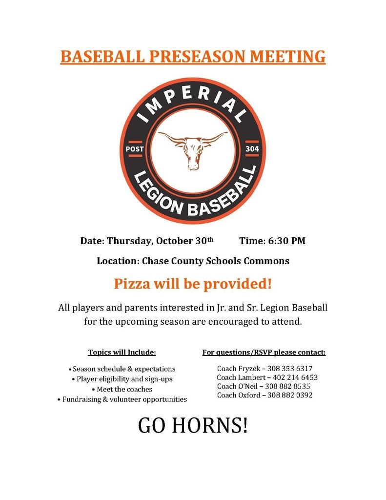 Jr./Sr. Legion Baseball meeting — Oct 30, 6:30 p.m., CCS Commons. All interested should attend! ⚾