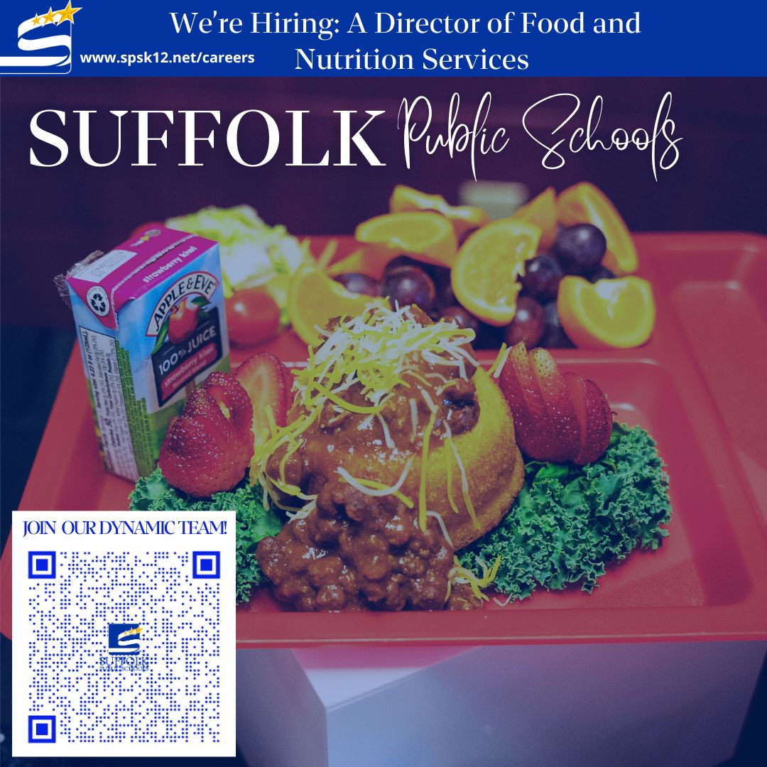 SufVAschools's tweet image. Join #TeamSuffolk !
We’re hiring a Director of Food and Nutrition Services to help lead our mission of nourishing students for success. 
Apply today: spsk12.net/careers
#SPSCreatesAchievers