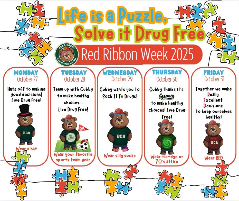 Dear BCR families, 

Oct. 27 - 31, 2025 we will be celebrating National Red Ribbon Week at BCR! 

Our theme tomorrow, Wednesday, Oct. 29th is "Cubby wants you to SOCK it to drugs!"
Live Drug Free! 

Don't forget to wear SILLY SOCKS tomorrow!