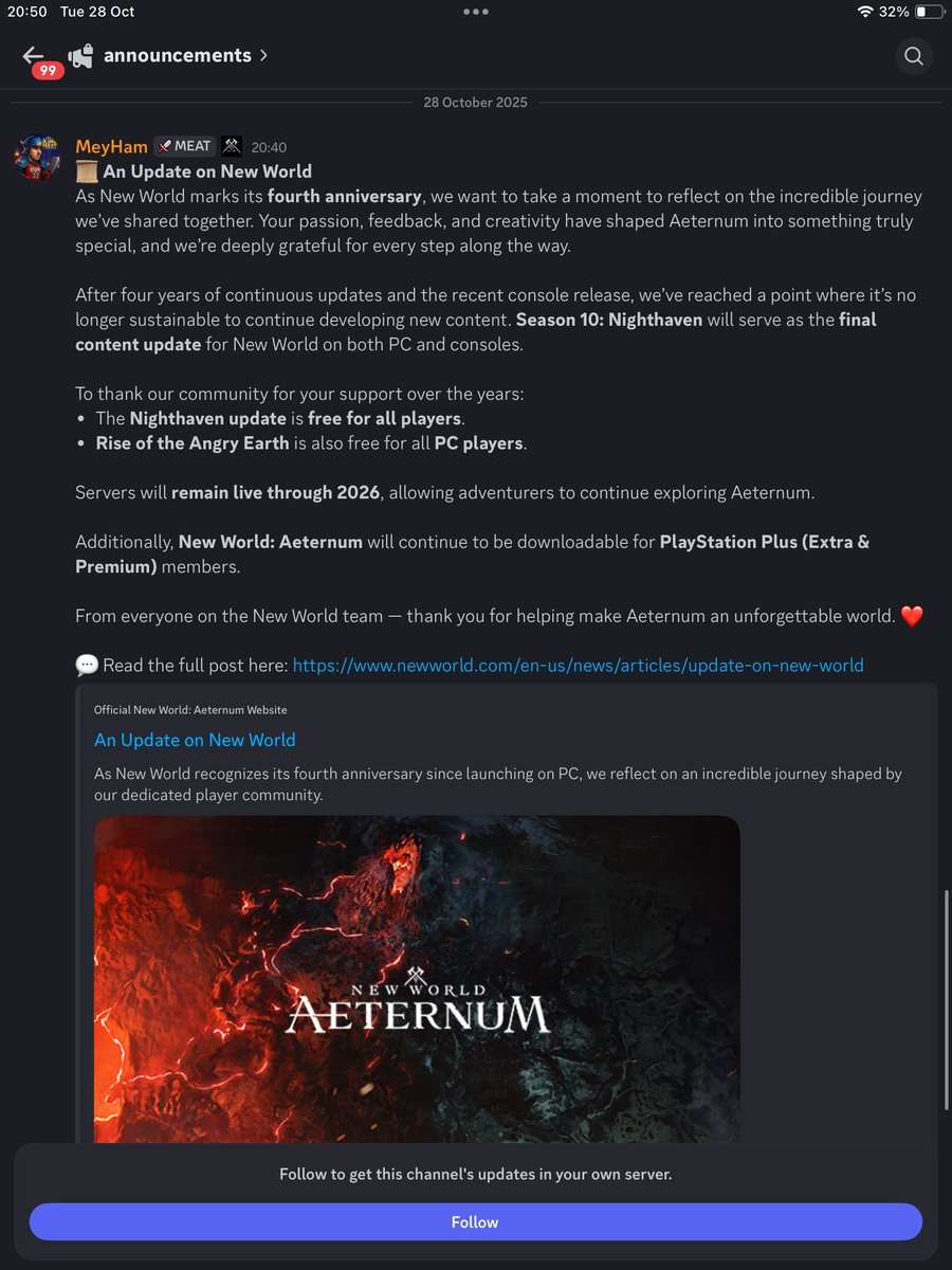 Tidbits92's tweet image. Wow. New World finally has so much momentum to prolong the game and get things right. They announce the game is ending as they will no longer update the game. This is the final season. Thank you to the devs and community for such a fun game. #NewWorldAeternum