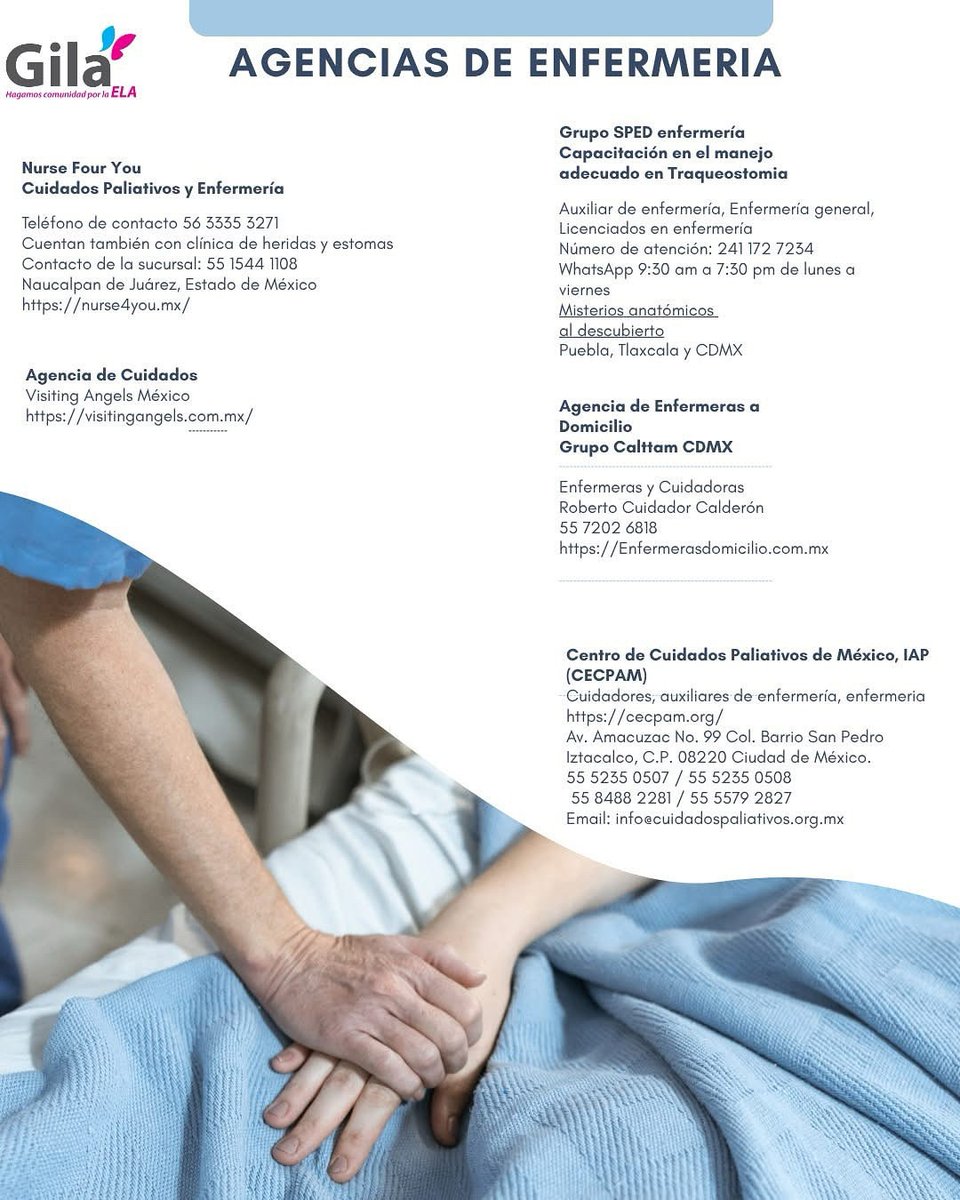 ¡ATENCIÓN!📣
Estas son las agencias de cuidados que nos han recomendado la Comunidad de la ELA y hemos hecho un directorio de ellas.

Así mismo si necesitas ayuda en otras áreas, te compartimos nuestro directorio médico: 📲 ela.org.mx/directorio-med…