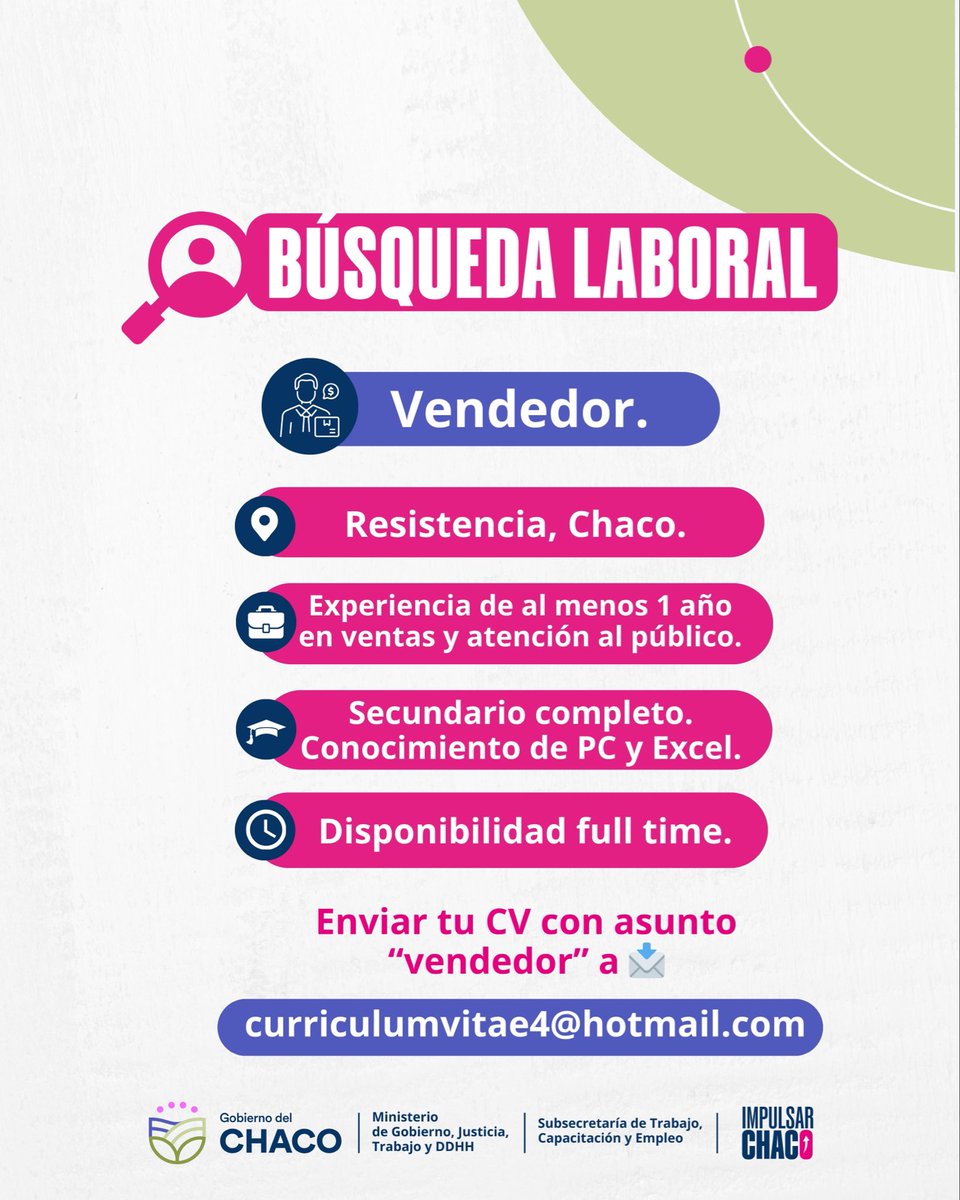 🏗️ Empresa del rubro construcción busca Vendedor/a en Resistencia, Chaco.
🔹 Perfil comercial y proactivo
🔹 1 año de experiencia en ventas
🔹 Secundario completo (excluyente)
🔹 Conocimientos de PC y Excel
📧 Enviá tu CV con asunto “vendedor” a curriculumvitae4@hotmail.com