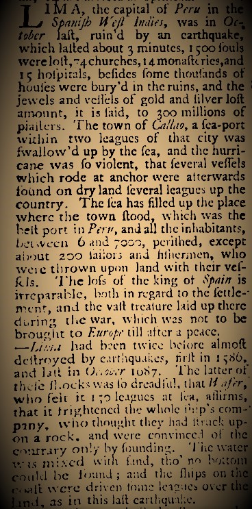 29 October 1746 3:30 UT (22:30 of 28th LT)
Mw8.6-8.8 #earthquake ruptured 350 km of the Peru-Chile Trench, destroying Callao and Lima and generating a #tsunami. Death toll reached 6000. Also felt in Ecuador.
repositorio.igp.gob.pe/handle/20.500.…
doi.org/10.1785/BSSA08…
babel.hathitrust.org