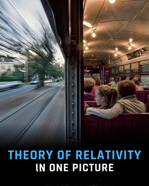 ImtiazMadmood's tweet photo. This clever image captures Einstein’s theory of relativity in a simple, visual way a moving tram split into two realities. Outside, the world rushes by in a blur, while inside, everything feels still and calm. The difference isn’t in speed alone, but in perception each observer experiences motion differently depending on their frame of reference.

Einstein’s insight was revolutionary: there’s no universal “rest” or “motion” in the universe everything is relative to the observer. Even time itself stretches or contracts depending on how fast you move through space. That’s why a clock inside a speeding spaceship would tick slower than one on Earth.

By showing both sides of the tram, this image turns one of physics’ most complex theories into something beautifully simple motion and stillness, side by side, proving that perspective truly shapes reality.

Sources: NASA, CERN, Scientific American, National Geographic