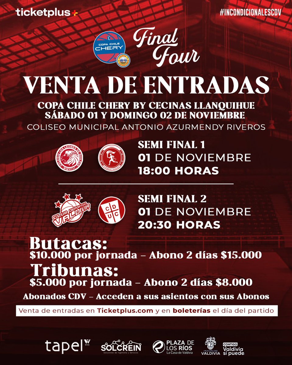 ¡Venta de abonos para la Copa Chile!
Hasta mañana miércoles queda disponible la venta para AMBOS DÍAS: $15.000 butaca y $8.000 tribuna.
Desde el jueves 30, venta de tickets para cualquiera de los 2 días: $10.000 butaca y $5.000 tribuna.
Nuestros ABONADOS, podrán usar sus abonos.