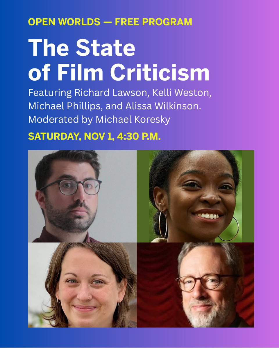 This Saturday, join us for a free panel discussion on The State of Film Criticism, featuring Richard Lawson <a href="/rilaws/">Richard Lawson</a>, Michael Phillips, Kelli Weston, and Alissa Wilkinson—moderated by Michael Koresky!

Learn more and RSVP here: movingimage.org/event/the-stat…
