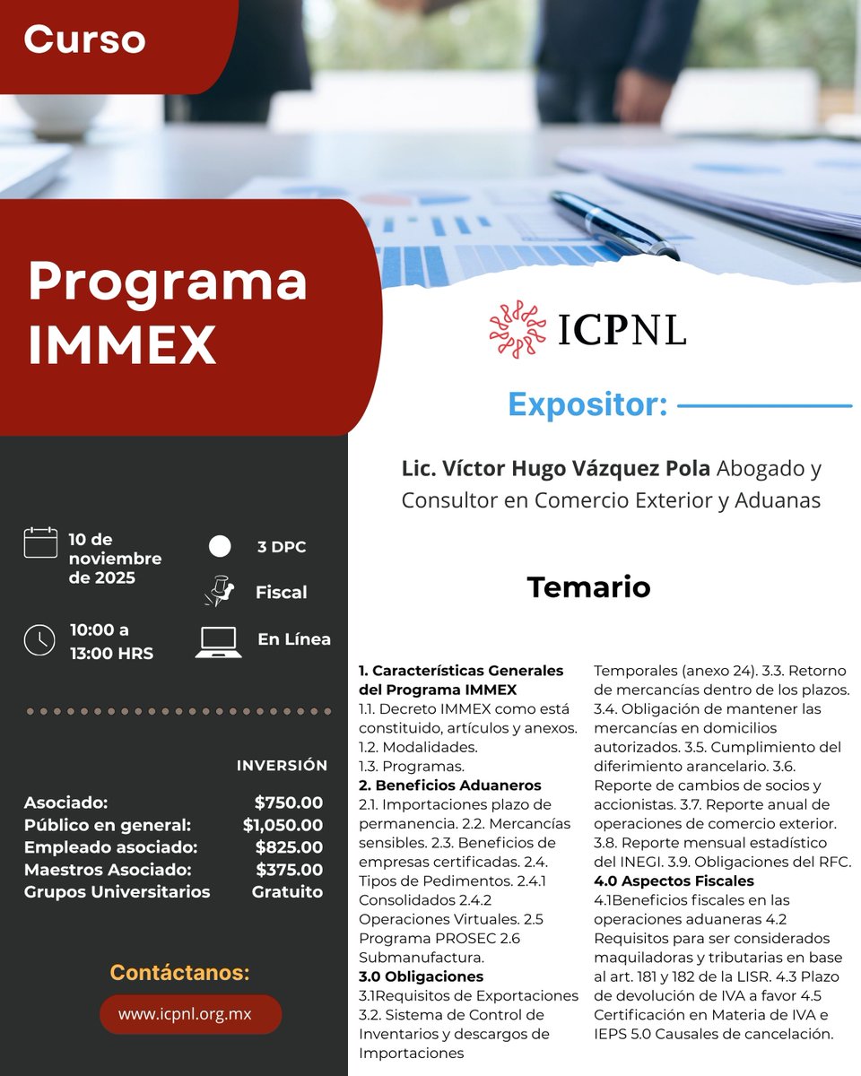 Programa IMMEX
🌎💼 Conoce los beneficios, obligaciones y requisitos fiscales de este importante esquema de fomento a las exportaciones.
Aprende cómo las empresas pueden optimizar sus procesos, reducir costos y fortalecer su competitividad internacional. 🌎💼

📅 10 Nov 2025🕰️ 10