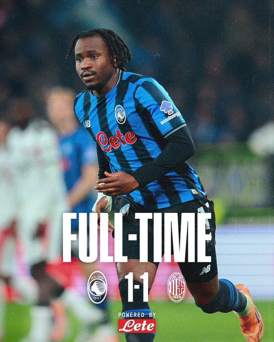 Ademola Lookman wearing blue and black striped Atalanta jersey with long sleeves and sponsor patches stands on green soccer field during match against Milan players in red and black kits in background stadium crowd blurred full-time graphic overlay shows 1-1 score Atalanta logo Milan logo and Lete sponsor branding at bottom