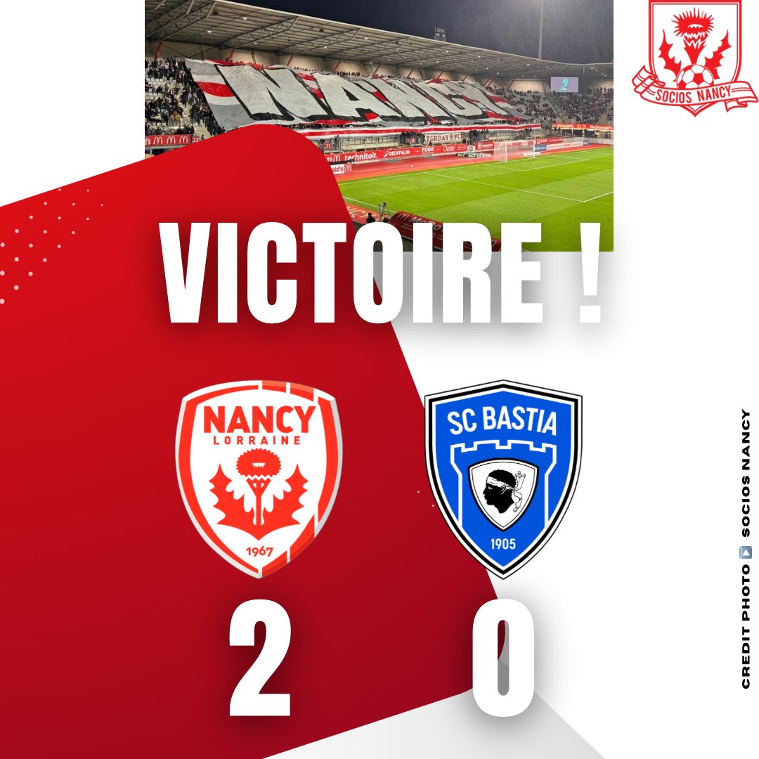 ＦＩＮ　ＤＥ　ＭＡＴＣＨ 🔴⚽️ 
━━━━━━━━━━━━━━━

𝙉𝘼𝙉𝘾𝙔1️⃣/0️⃣𝘽𝘼𝙎𝙏𝙄𝘼

⚽️👍🏻 Bokangu 16’
⚽️👍🏻 Saint-Ruf 90e+3’

Devant plus de 14000 spectateurs Nancy remporte le match face à Bastia 

🔜  L2 BKT-J13 ✈️ 31/10 vs Le Mans

👊🏻Allez Nancy🔴⚪️

#asnl #ligue2bkt