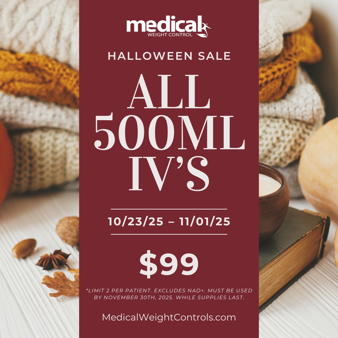 MWeightControls's tweet image. No tricks, just treats! 🎃🍂
All 500ml IVs are $99, but this spooky savings disappears Saturday, 11/1! 👻
Boost your energy, immunity, and glow just in time for fall. 💧✨

📅 Book now before spots fill:
📞 Call: 1-844-376-7527
💻 Online: MedicalWeightControls.com/Book

Don’t let this…