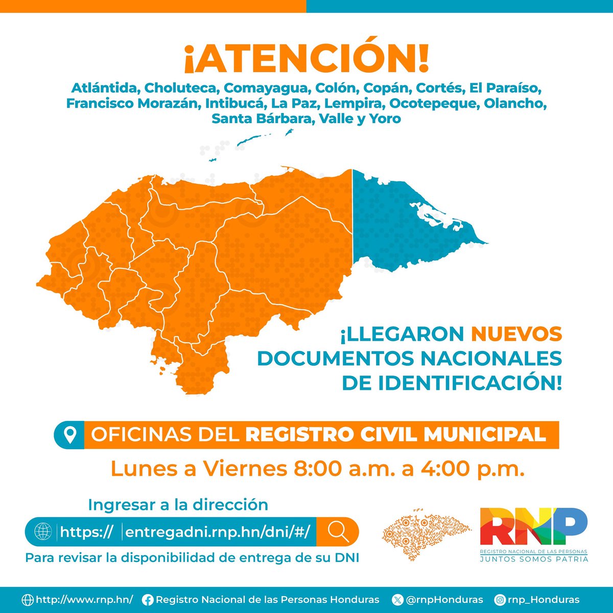 📢 El RNP informa que ya se distribuyeron los DNI en Atlántida, Choluteca, Colón, Comayagua, Copán, Cortés, El Paraíso, Francisco Morazán, Intibucá, La Paz, Lempira, Ocotepeque, Olancho, Santa Bárbara, Valle y Yoro. 🇭🇳

📍 Reclama tu DNI gratis en tu Registro Civil Municipal