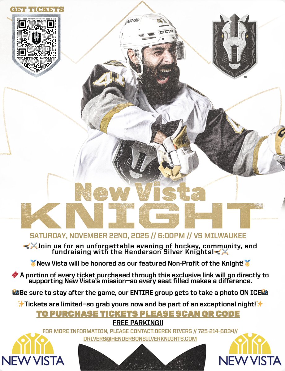New Vista is honored to be the featured Non-Profit of the Knight with the <a href="/HSKnights/">Henderson Silver Knights</a>! 🏒💙💛 A portion of every ticket supports our mission to empower individuals with IDD.

📅 Saturday, November 22
🕕 6:00 PM
📍 <a href="/LeesFamilyForum/">Lee’s Family Forum</a> 

🎟️ Tickets in the link in our bio!