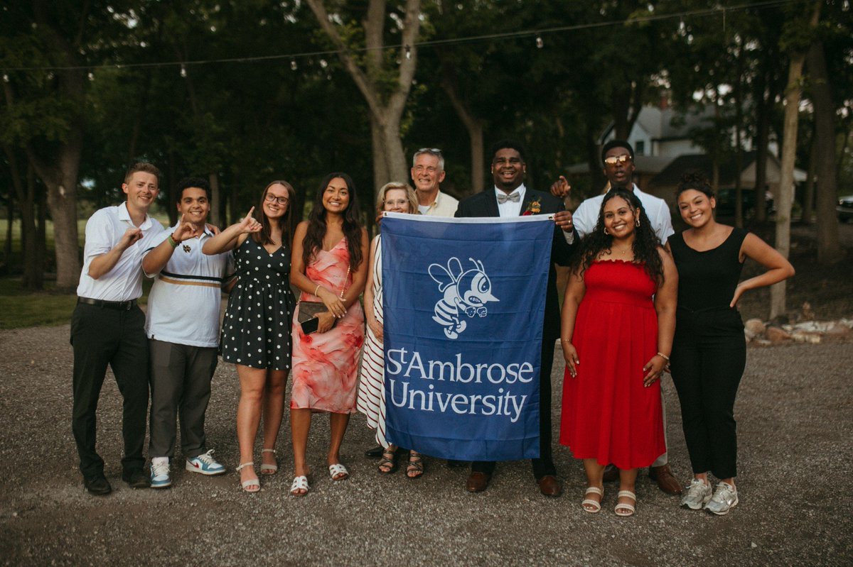 Best wishes to Ty '22 and Kate Lewis, who tied the knot on June 28th with fellow St. Ambrose alumni there to celebrate!🐝💍

Planning your wedding? Reach out to the Alumni Office to get an SAU flag for your special day!